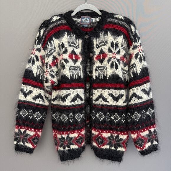 womens vintage Woolrich Fair Isle Nordic Mohair cardigan sweater - red - size M - Picture 1 of 10